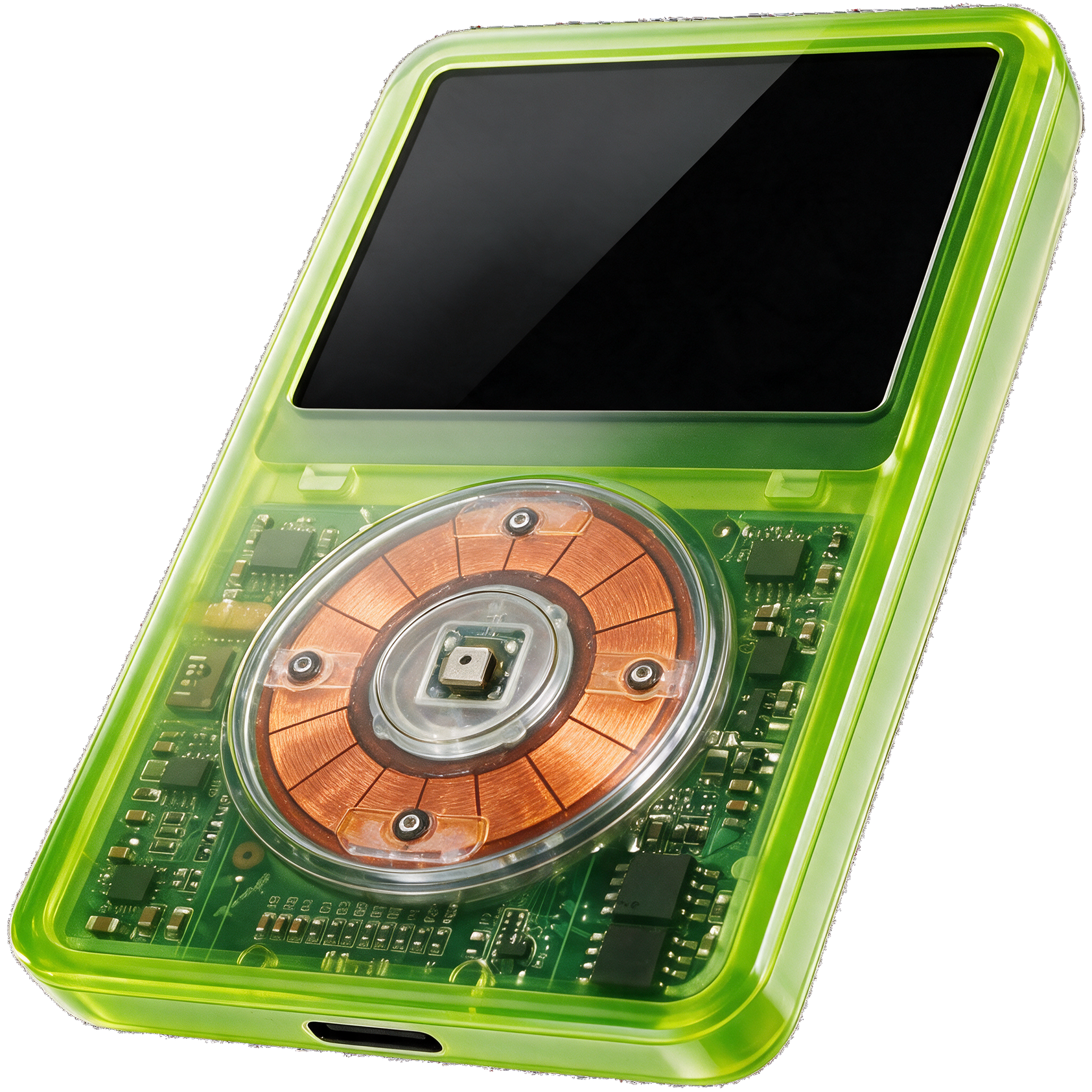 Frost &mdash; front three-quarter view, translucent neon green iPod Classic.